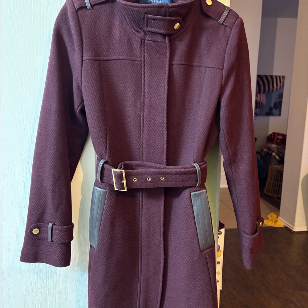 Cole Haan Maroon Trench Coat with Gold Accents